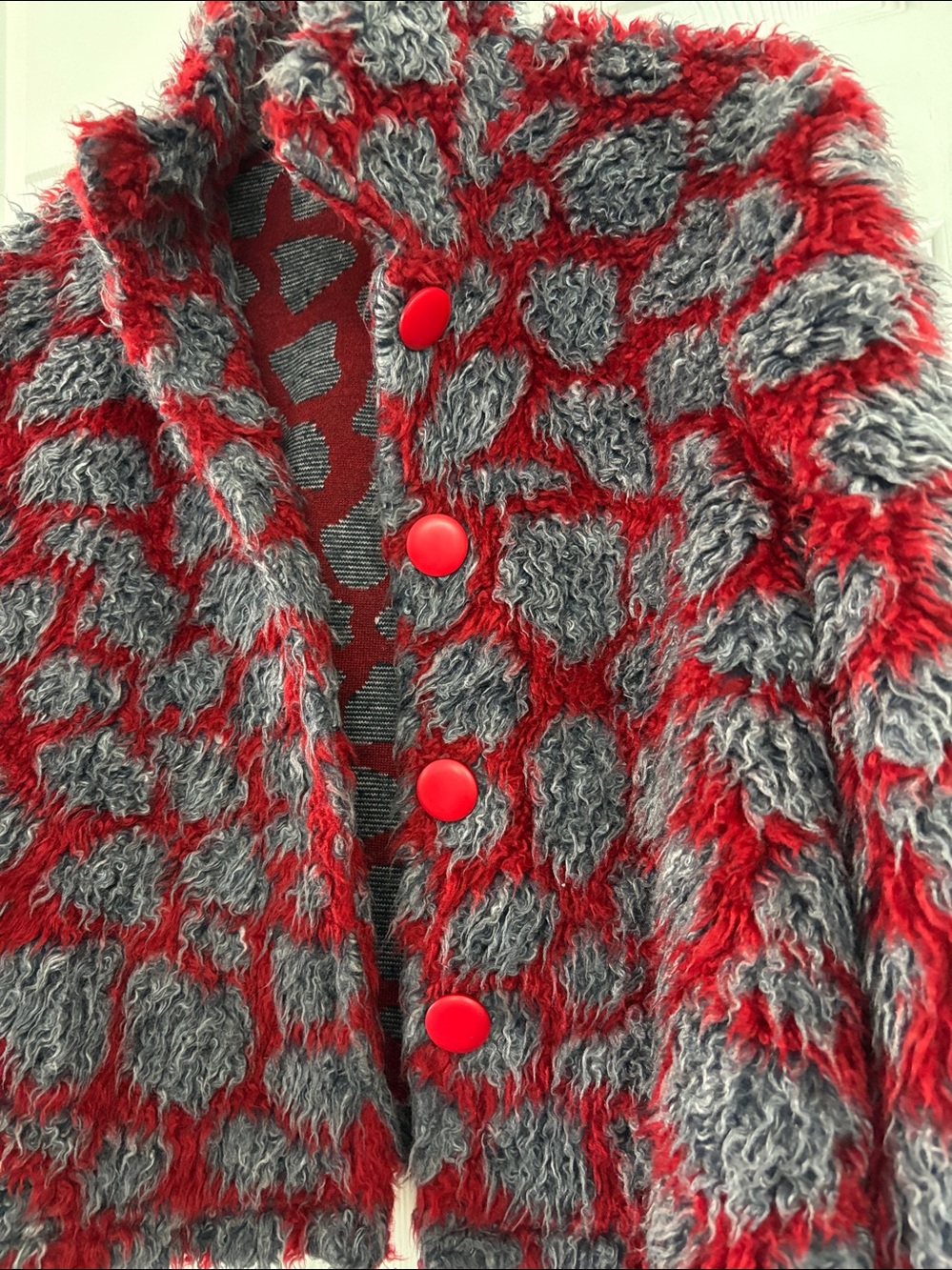 Sugar Red and Gray Faux Fur Patterned Teddy Jacket - Picture 3 of 5